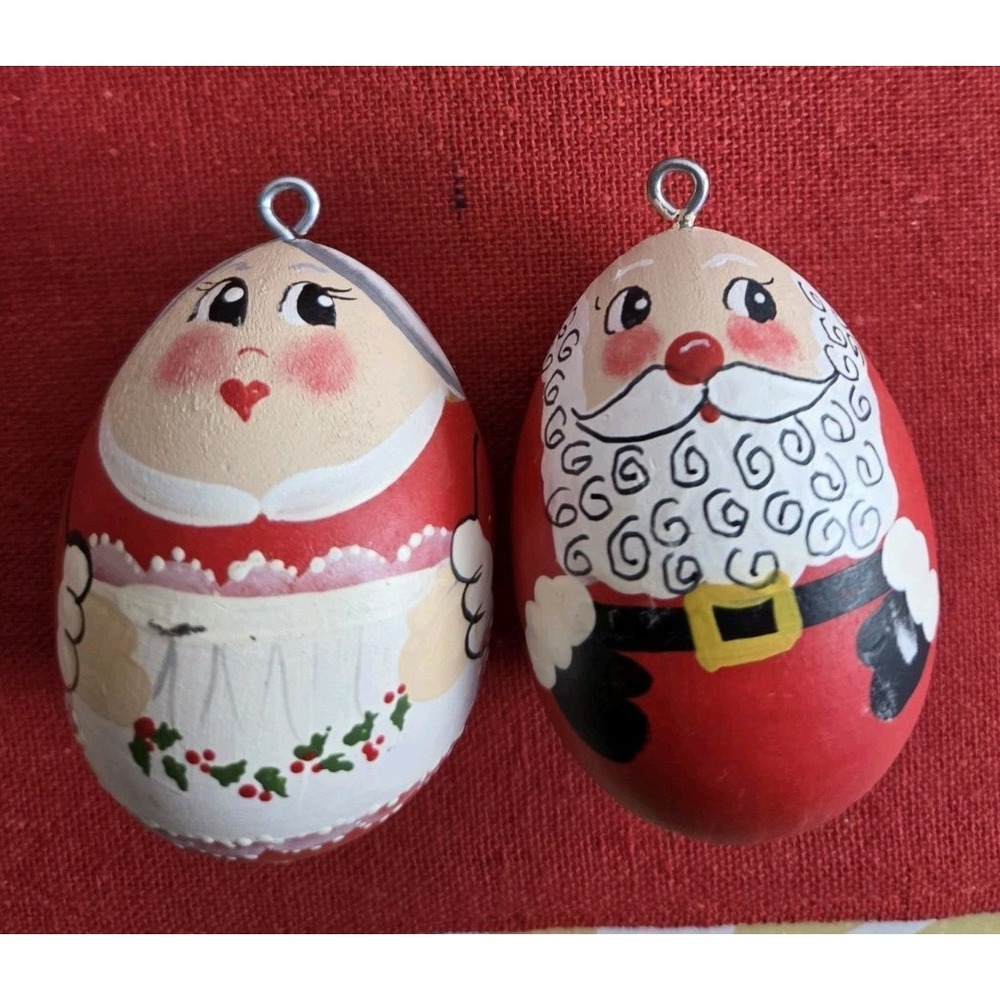 Hand-painted wooden egg ornaments Santa Claus and Mrs. Claus American Folk-art